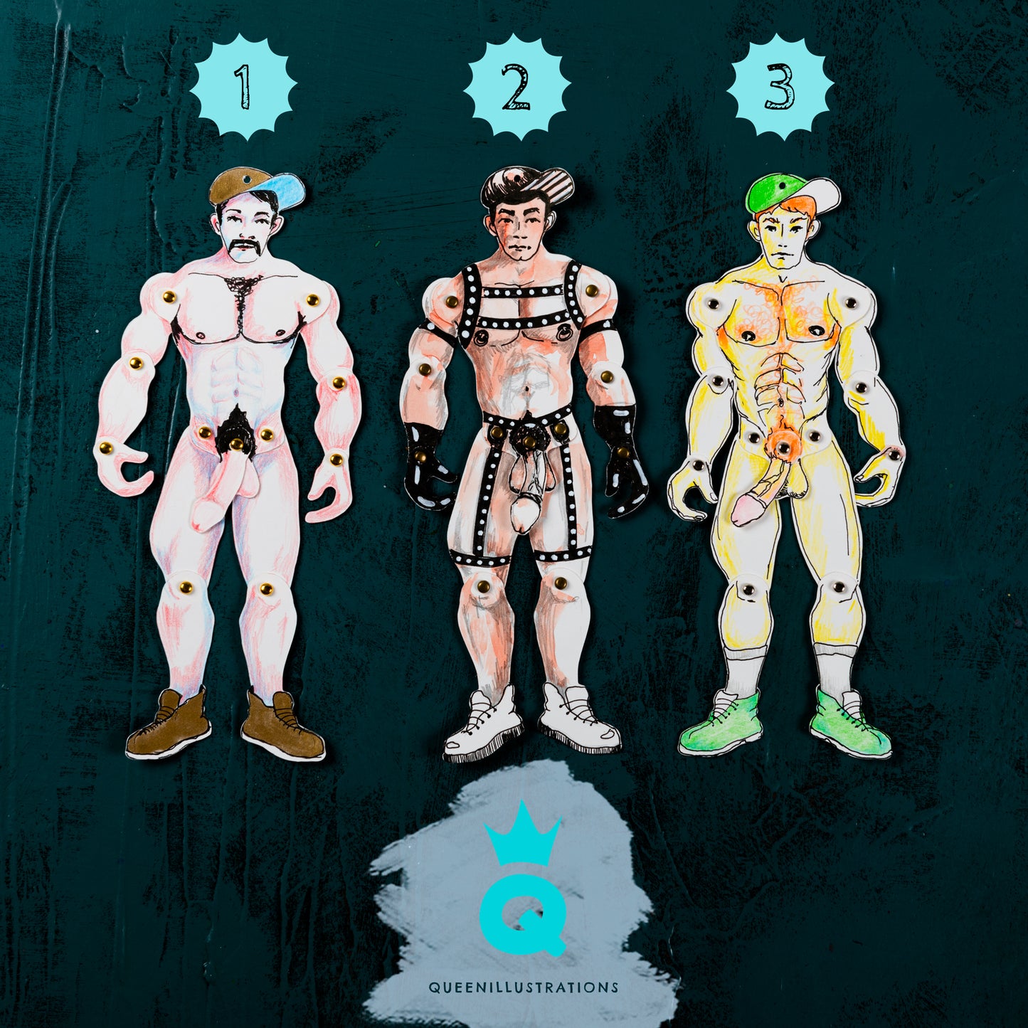 handmade articulated paper dolls for gay, hot and sexy naked guys, perfect as a gift or a collectable art piece