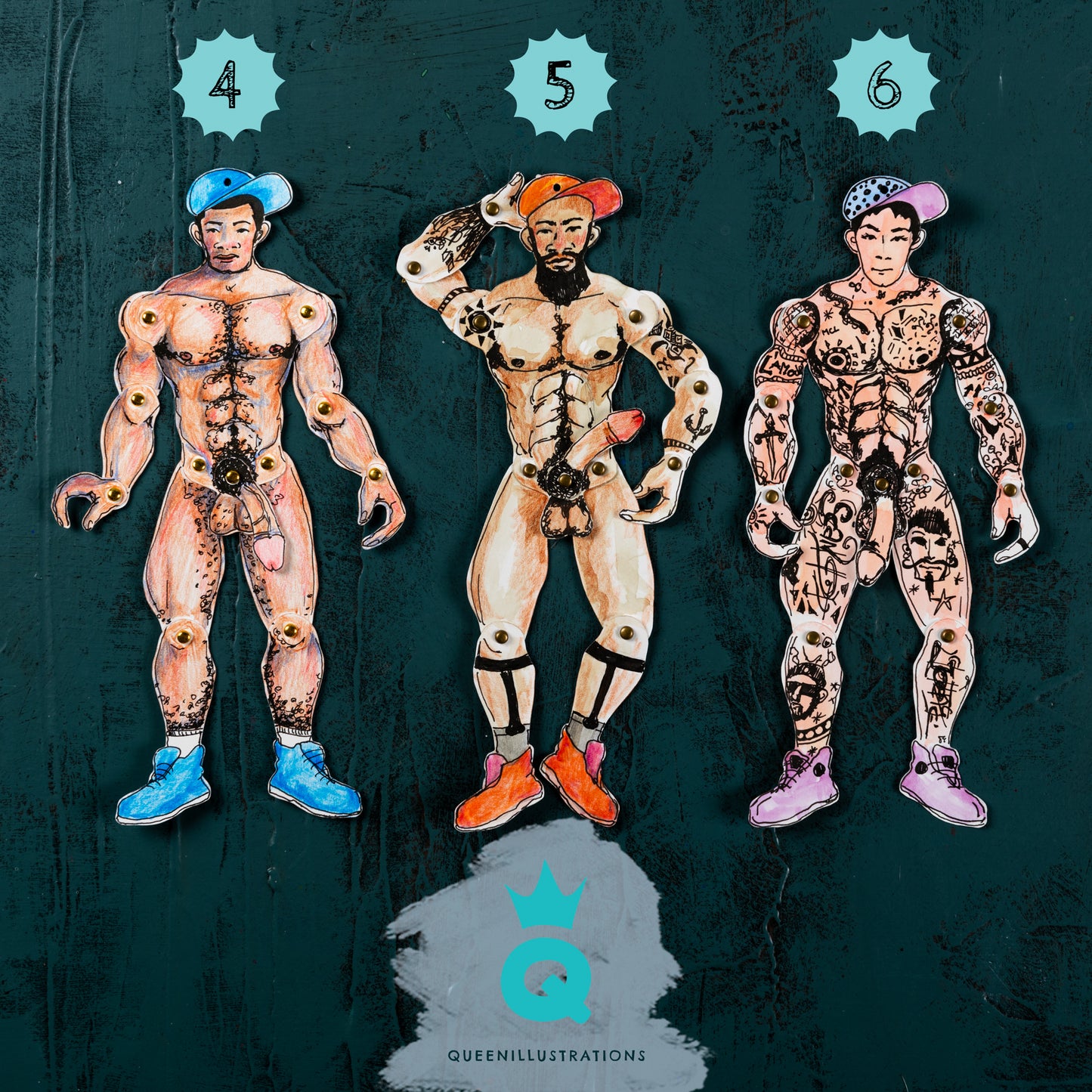 handmade articulated paper dolls for gay, hot and sexy naked guys, perfect as a gift or a collectable art piece
