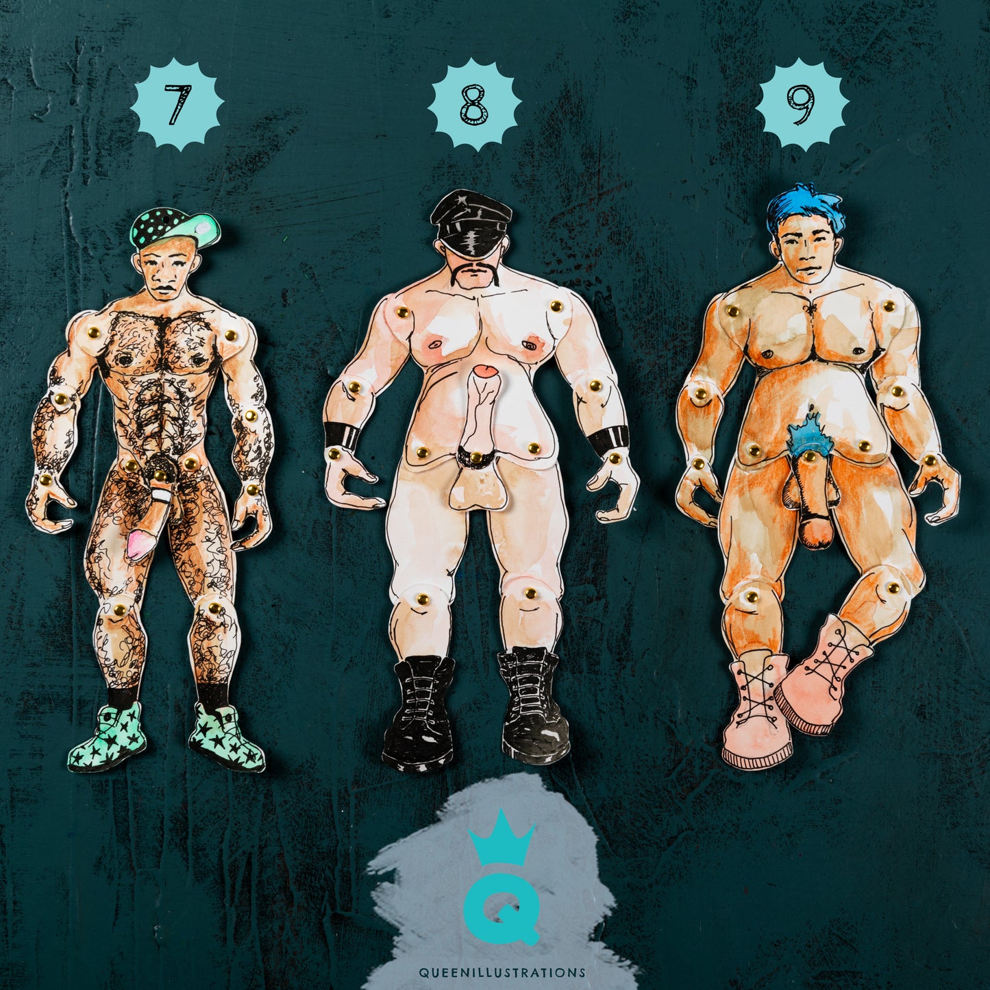 handmade articulated paper dolls for gay, hot and sexy naked guys, perfect as a gift or a collectable art piece