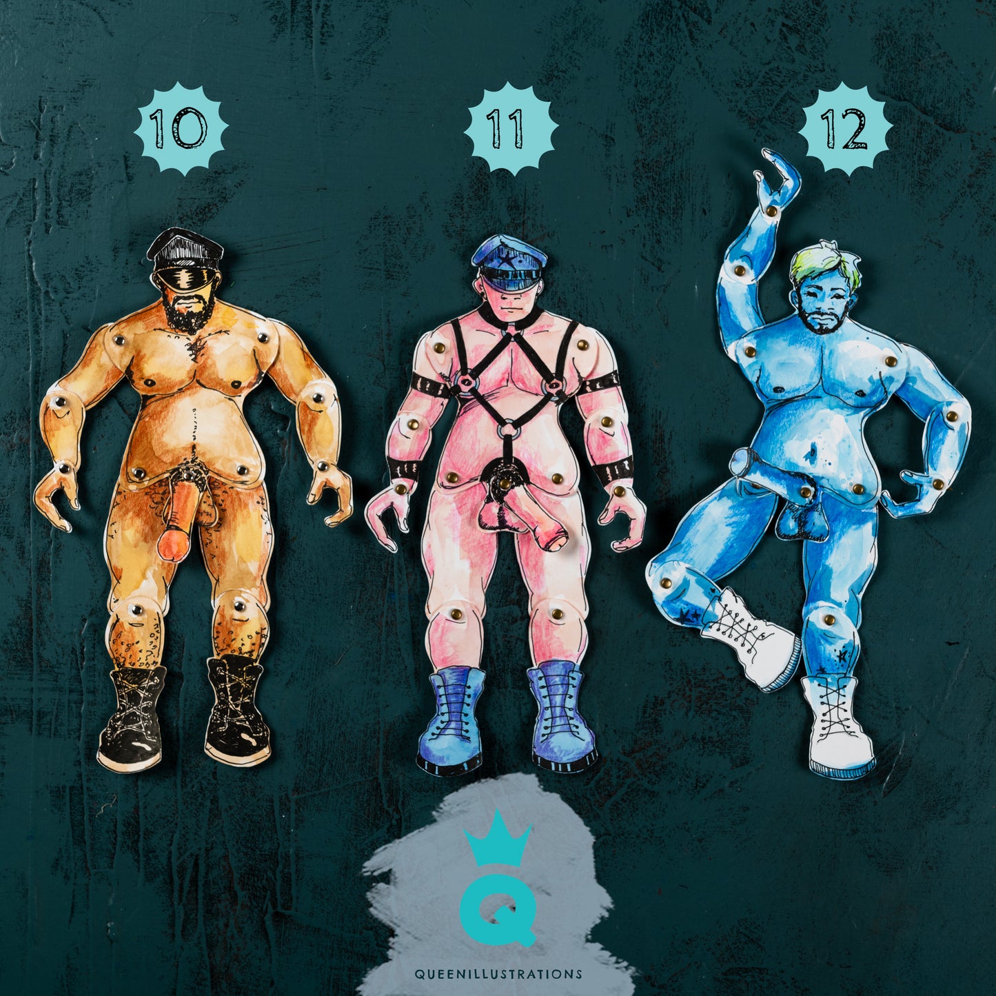 handmade articulated paper dolls for gay, hot and sexy naked guys, perfect as a gift or a collectable art piece