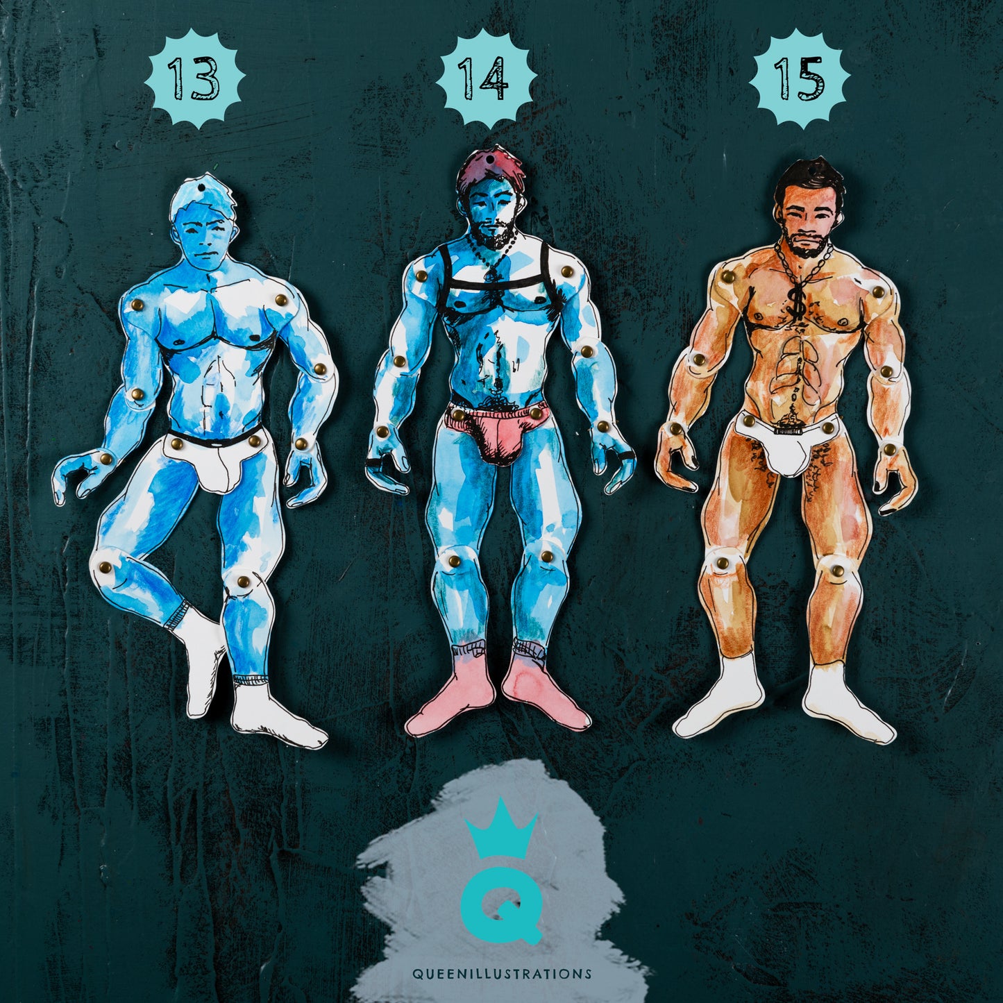 handmade articulated paper dolls for gay, hot and sexy naked guys, perfect as a gift or a collectable art piece