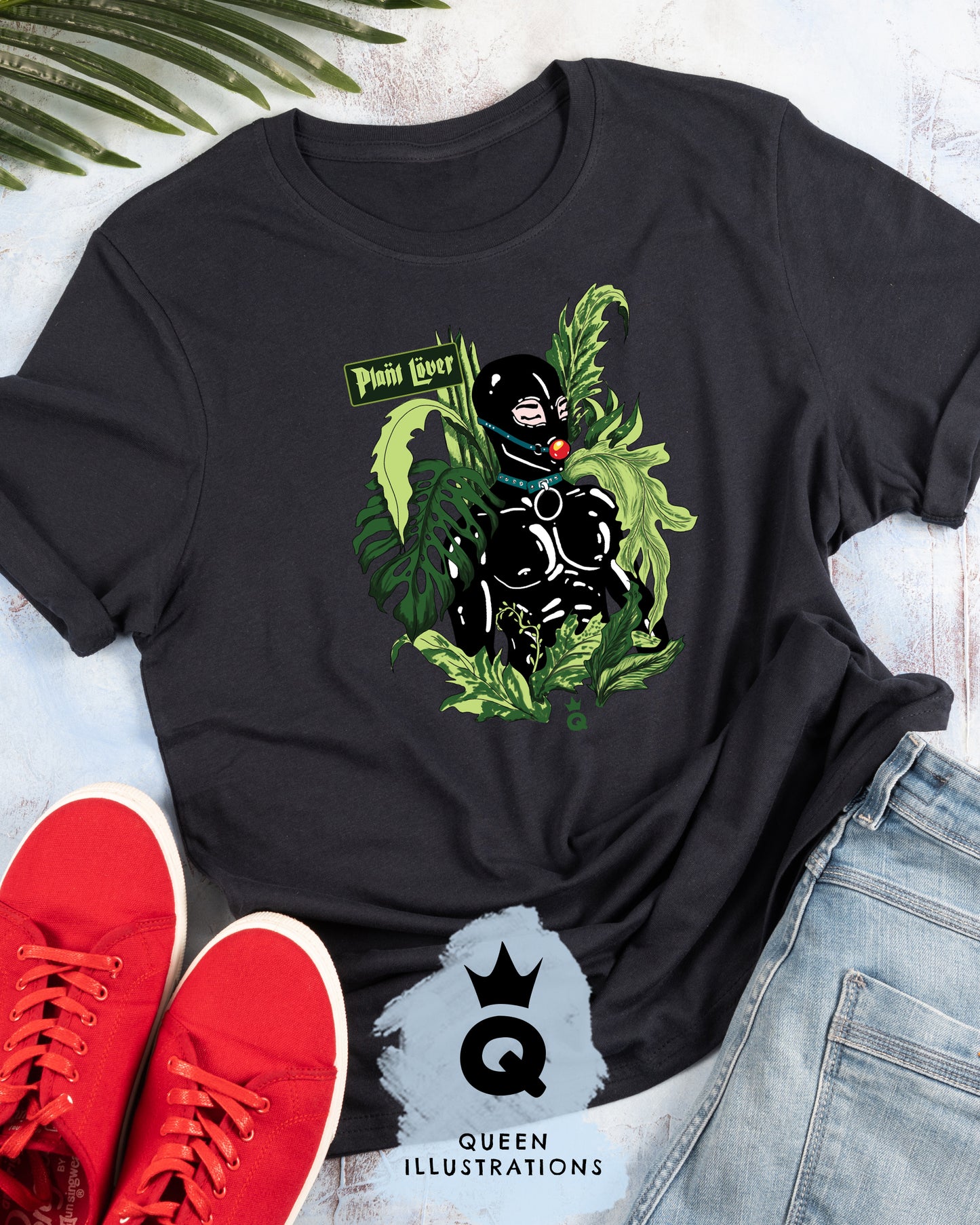 Pant daddy, plant parent, plant mama, kinky plant lover dressed in latex suit surrounded by plants, sexy gay T-Shirt for a plant lover, hot latex fetish T-Shirt for a gift