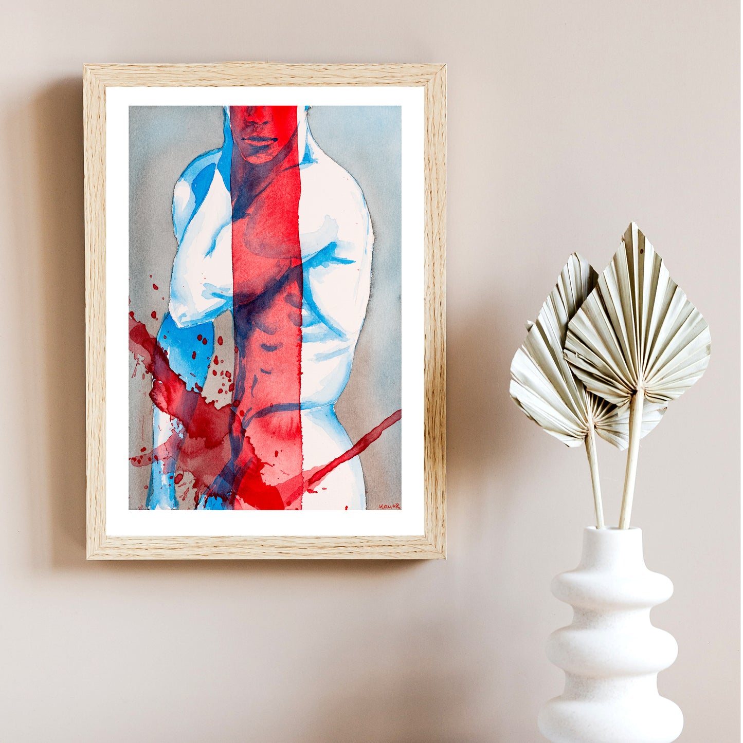 gay art, original hand painted watercolour of two men hugging, gay illustration with splash effect, more art prints in my gay gift shop