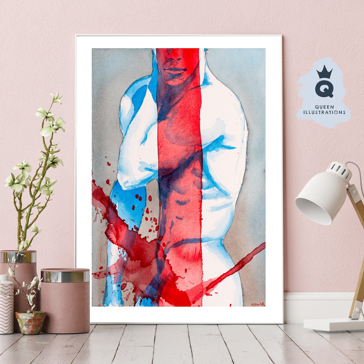 gay art, original hand painted watercolour of two men hugging, gay illustration with splash effect, more art prints in my gay gift shop
