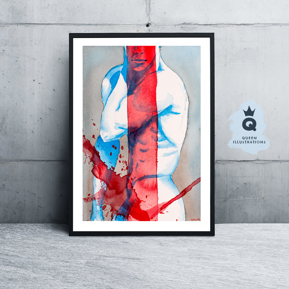 gay art, original hand painted watercolour of two men hugging, gay illustration with splash effect, more art prints in my gay gift shop