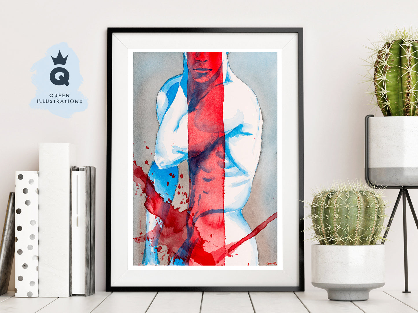 gay art, original hand painted watercolour of two men hugging, gay illustration with splash effect, more art prints in my gay gift shop
