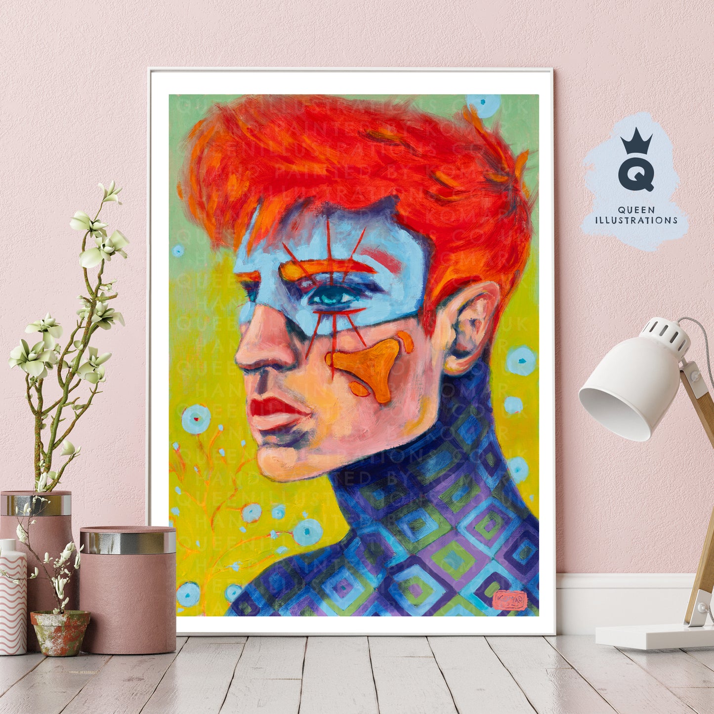 "RETRO GINGER" Romantic, fantasy portrait of a young ginger man with flowers and 70's pattern.