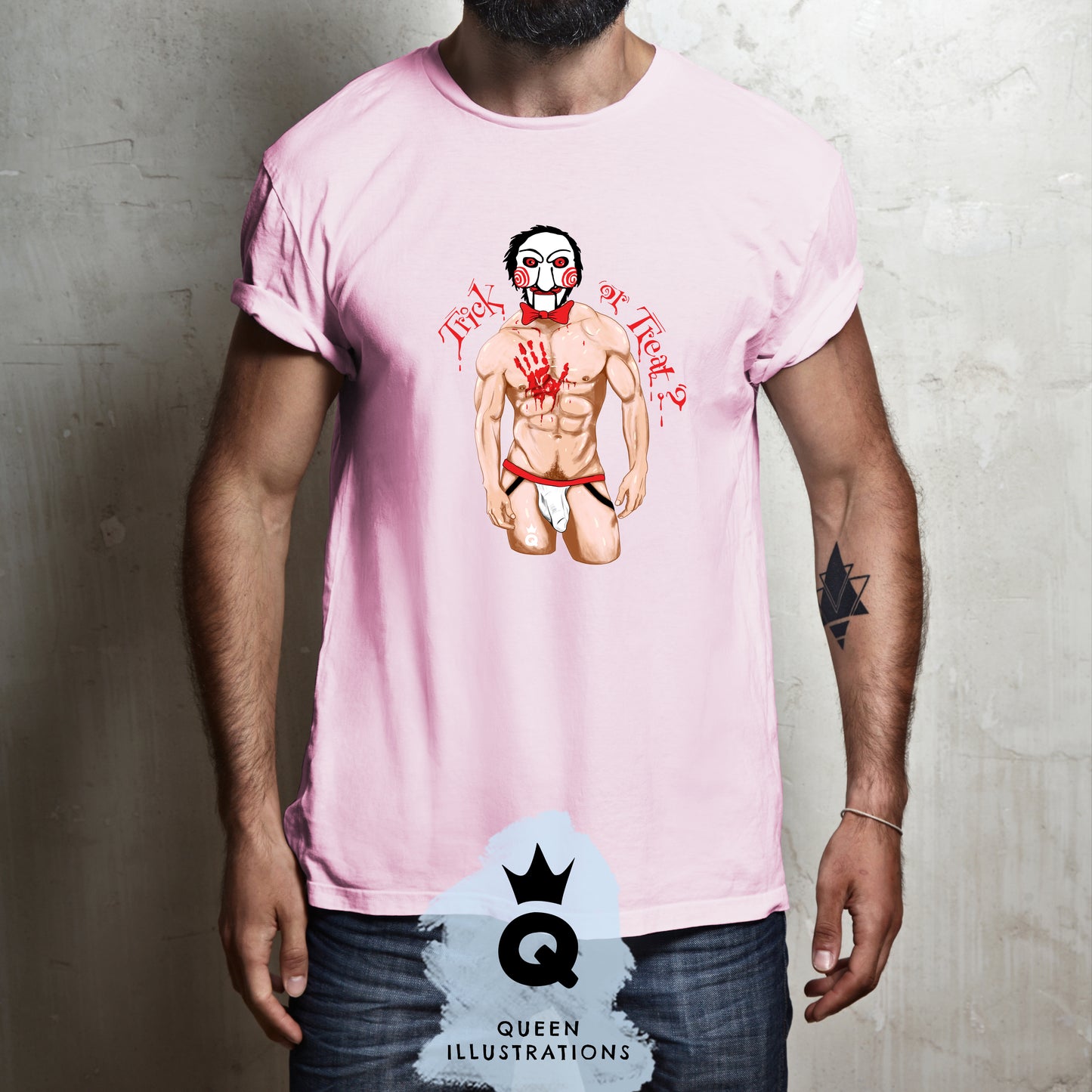 cute gay pink t-shirt for Halloween, gay horror, Billy the puppet