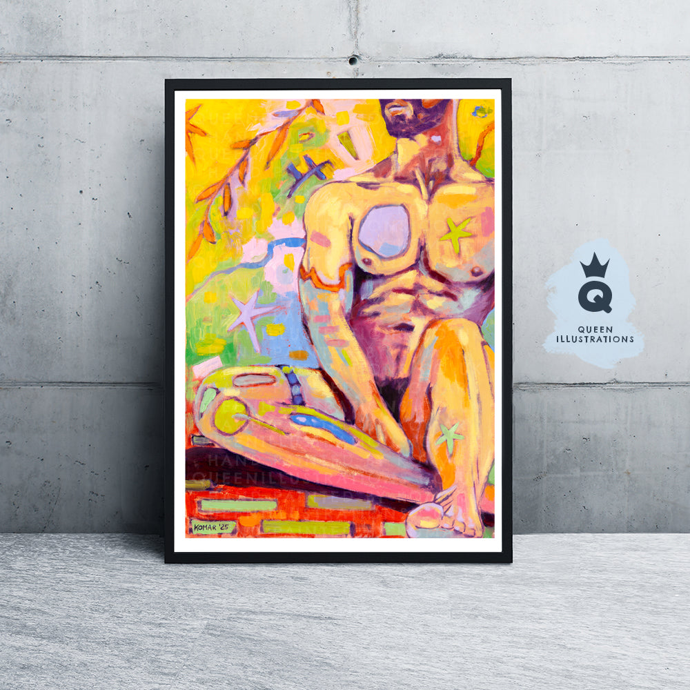 "SUMMER IN MY GARDEN", contemporary oil painting of a young naked man,