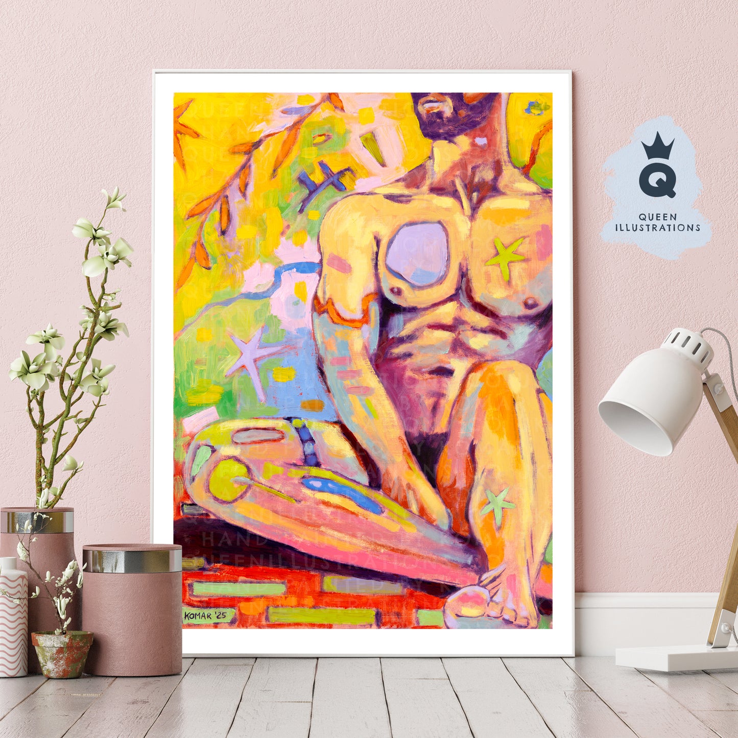 "SUMMER IN MY GARDEN", contemporary oil painting of a young naked man,