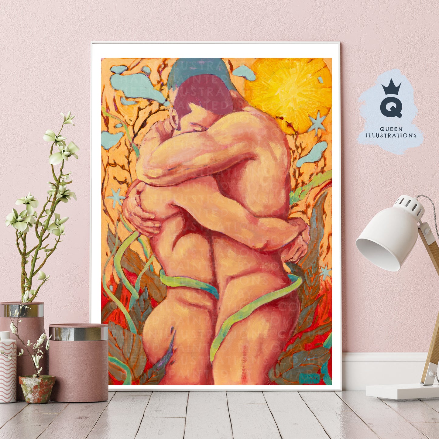 "SUNSET HUGS", oil painting of naked men hugging