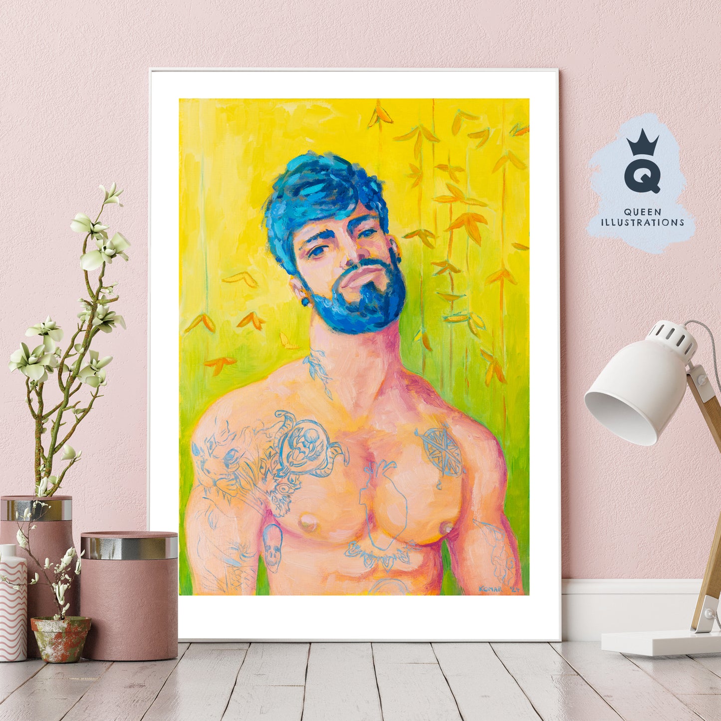 "YELLOW BAMBOO", contemporary oil painting of a young man with tattoos - Homoerotic Art Print (Copy) (Copy) (Copy)