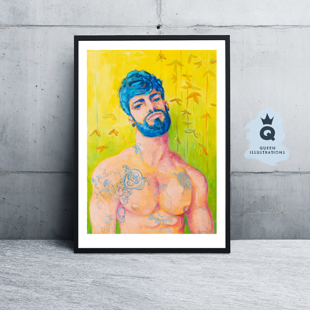 "YELLOW BAMBOO", contemporary oil painting of a young man with tattoos - Homoerotic Art Print (Copy) (Copy) (Copy)