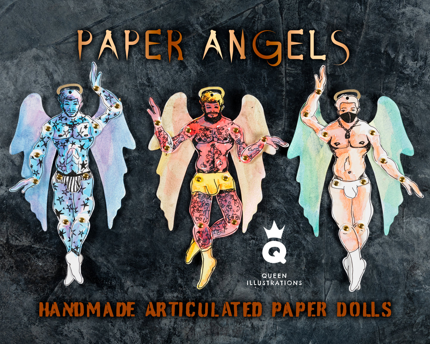 paper angels, gay Christmas decorations, gay Christmas tree angel, handmade articulated paper dolls for gay, hot and sexy naked guys, perfect as a gift or a collectable art piece