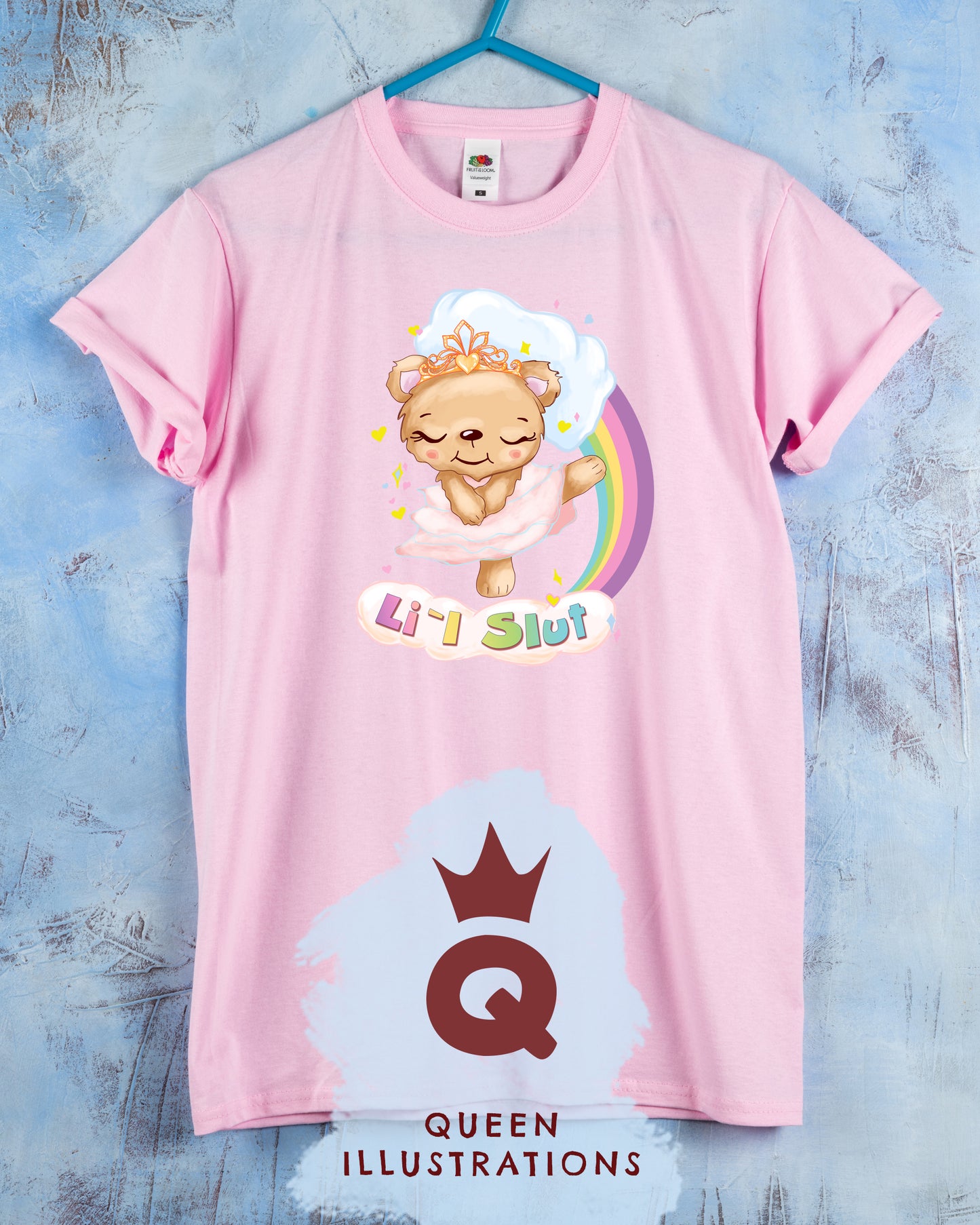 gay T-shirt, pink t-shirt with a cute kawaii bear dancing with rainbow, little slut