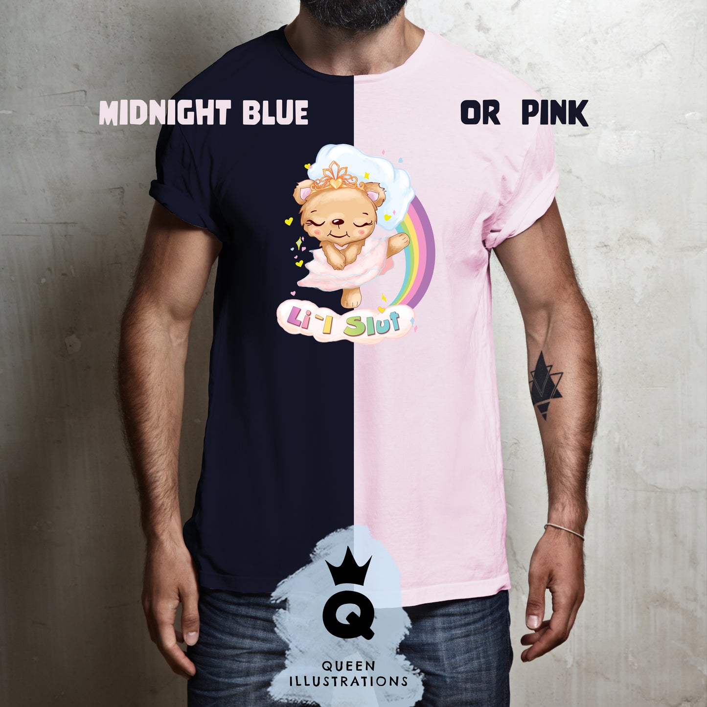 gay T-shirt, pink t-shirt with a cute kawaii bear dancing with rainbow, little slut
