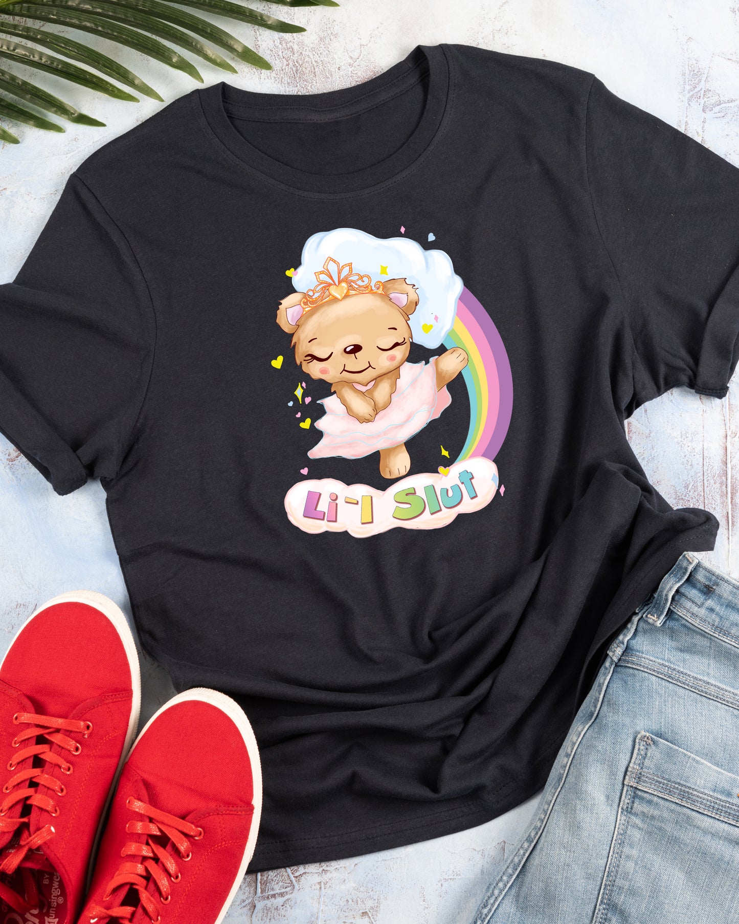 gay T-shirt, pink t-shirt with a cute kawaii bear dancing with rainbow, little slut