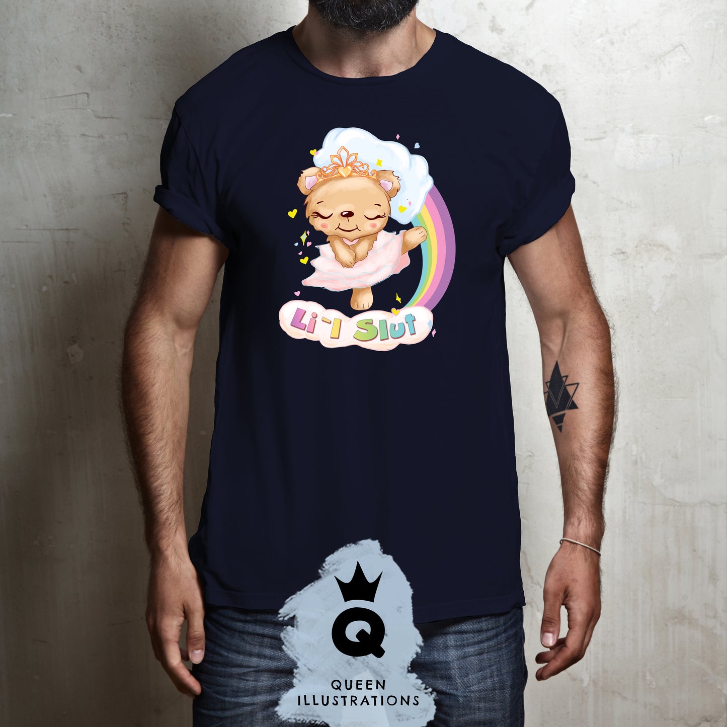 gay T-shirt, pink t-shirt with a cute kawaii bear dancing with rainbow, little slut