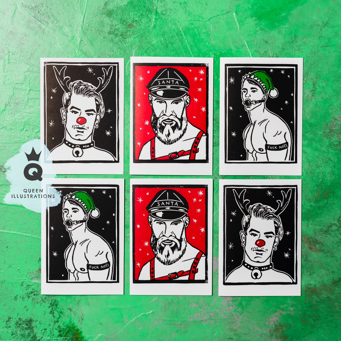 Gay Christmas cards, traditional hand made linocut printed cards, fun and funny, rude cards for gay Christmas, alternative Christmas cards, fun gift ideas