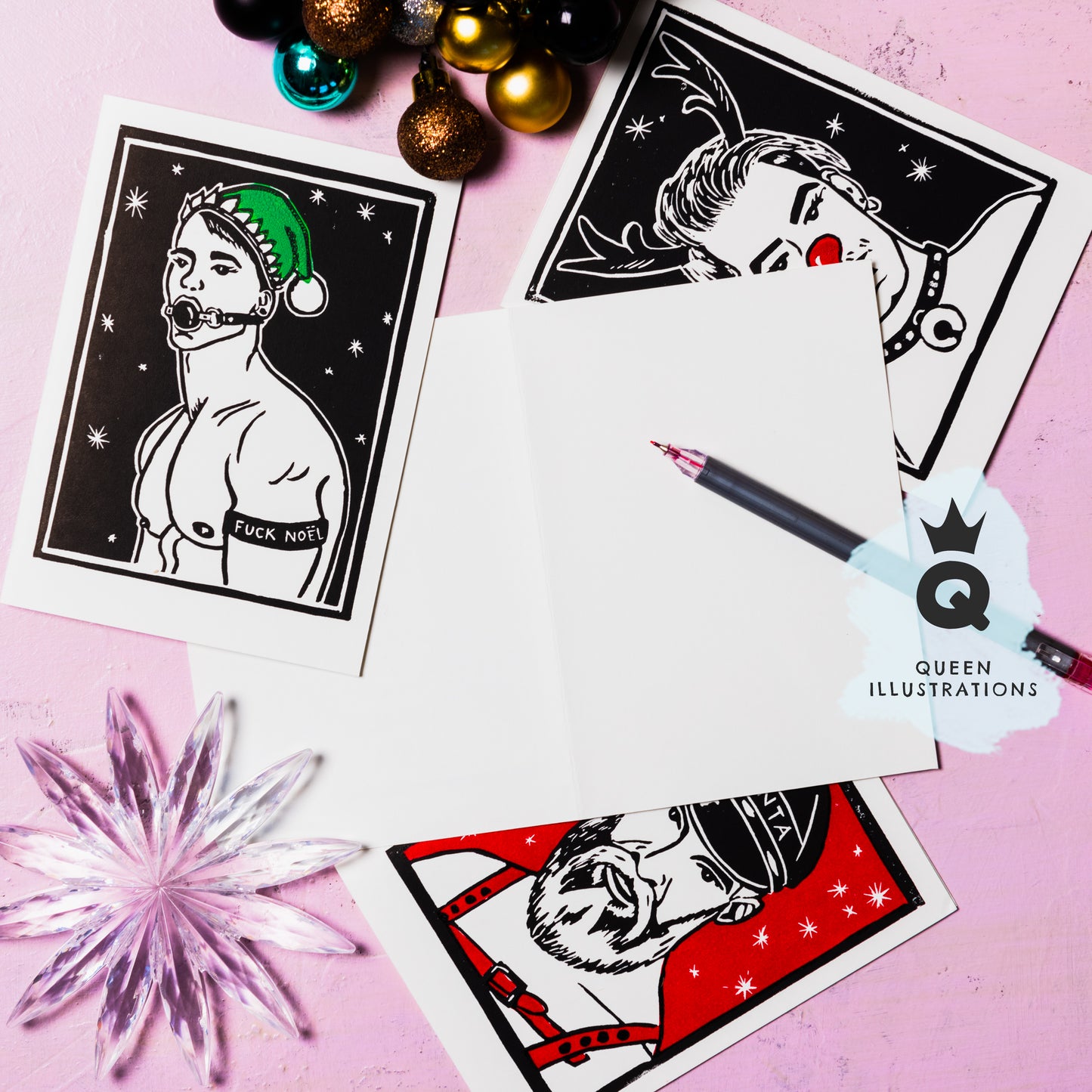 Gay Christmas cards, traditional hand made linocut printed cards, fun and funny, rude cards for gay Christmas, alternative Christmas cards, fun gift ideas