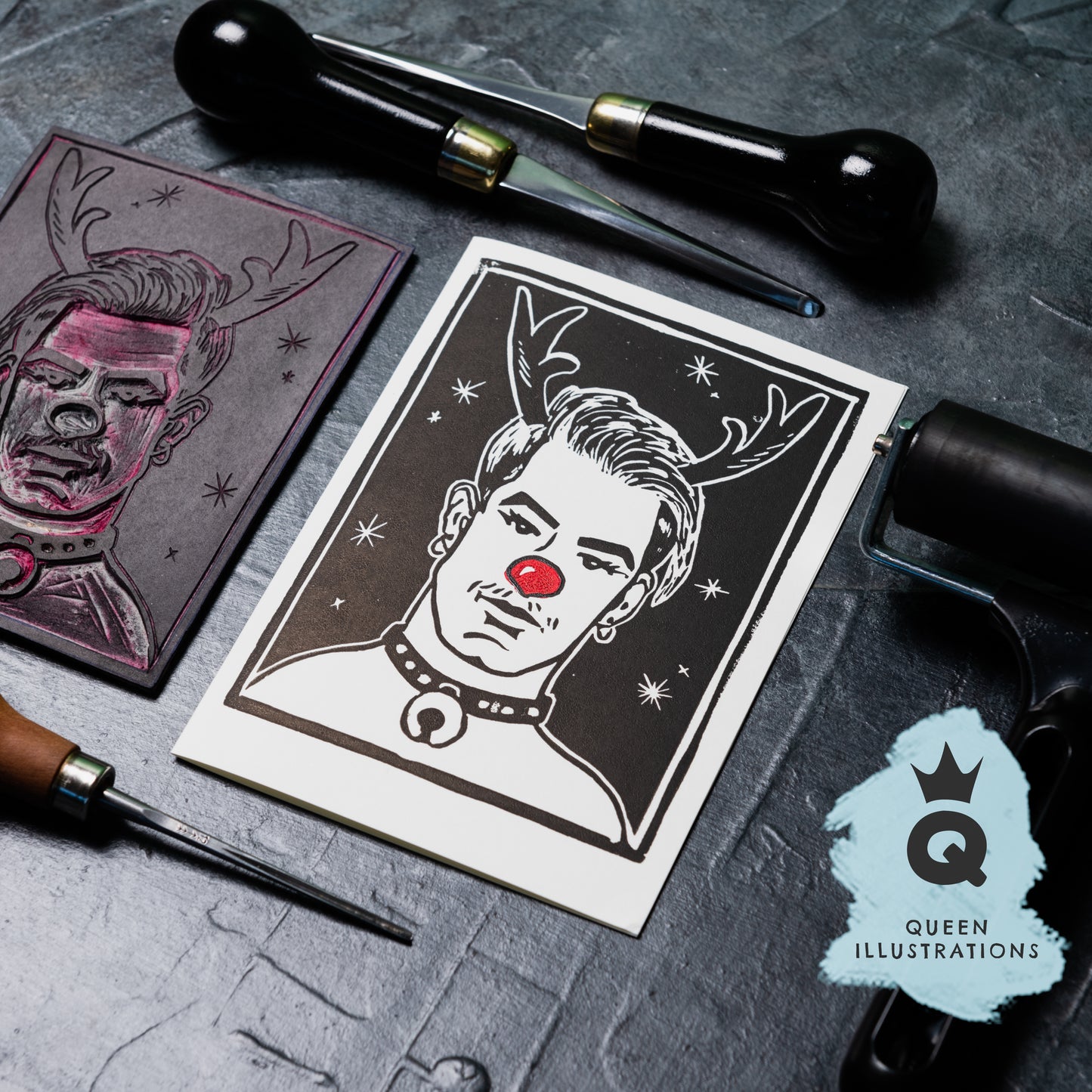 Gay Christmas cards, traditional hand made linocut printed cards, fun and funny, rude cards for gay Christmas, alternative Christmas cards, fun gift ideas