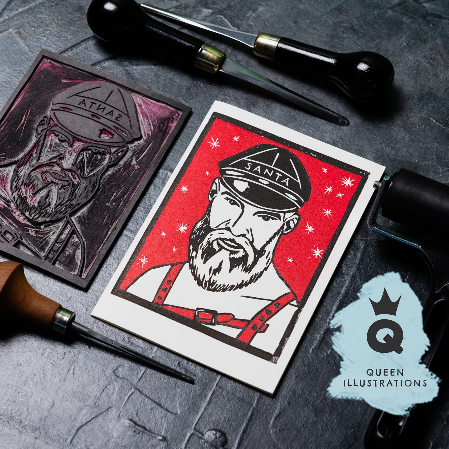 Gay Christmas cards, traditional hand made linocut printed cards, fun and funny, rude cards for gay Christmas, alternative Christmas cards, fun gift ideas