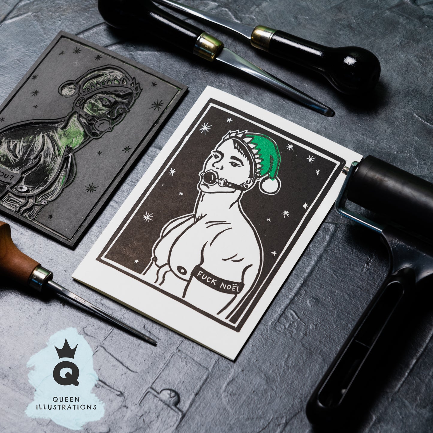 Gay Christmas cards, traditional hand made linocut printed cards, fun and funny, rude cards for gay Christmas, alternative Christmas cards, fun gift ideas