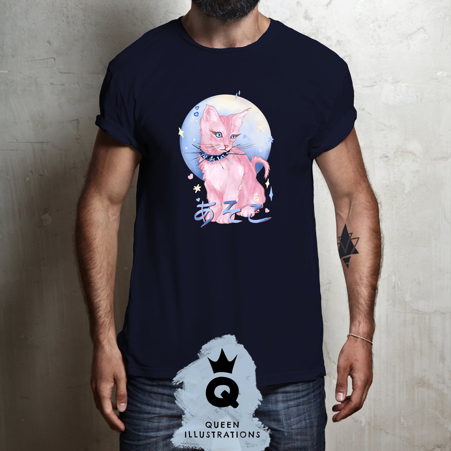 PUSSY in Japanese, gay kawaii T-shirt in midnight blue, cute kitten, perfect for pride or as gift, gay T-shirt