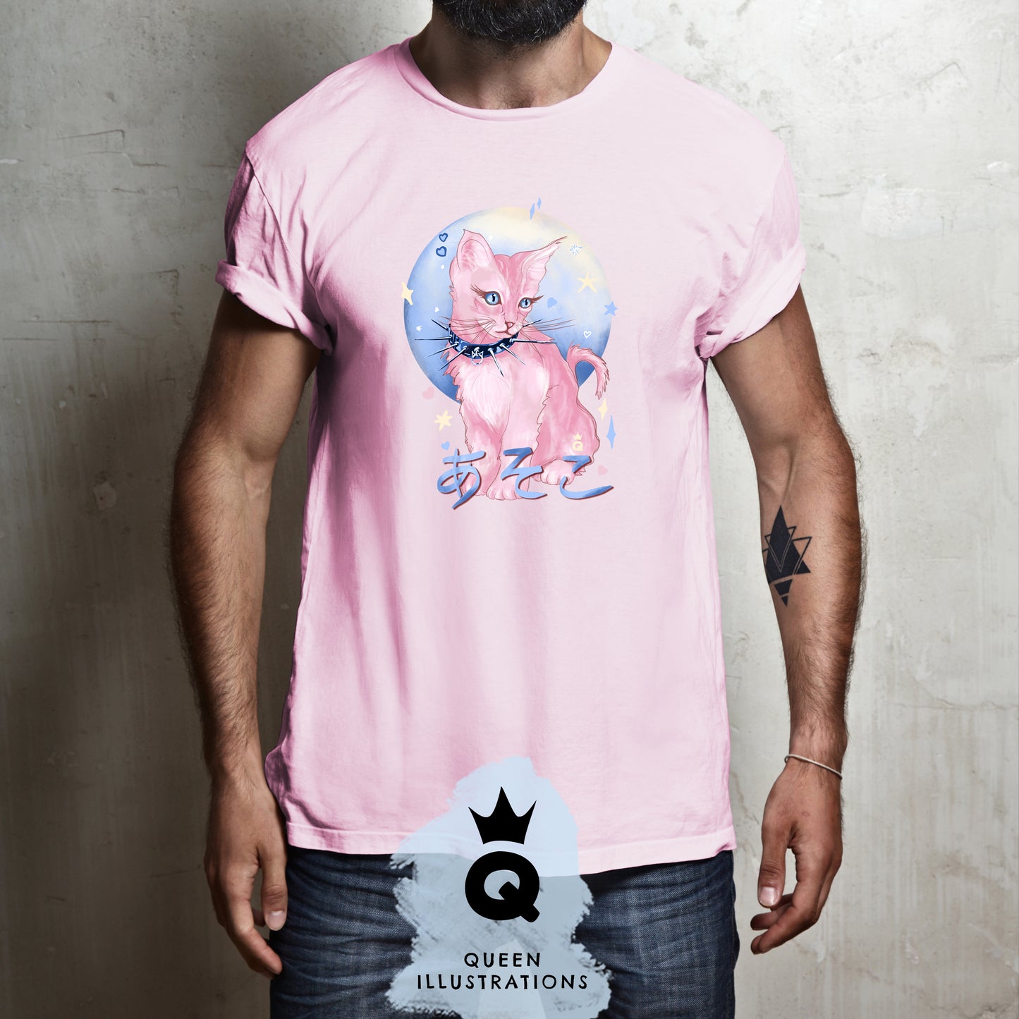 gay kawaii T-shirt, cute pink kitten with Japanese pussy