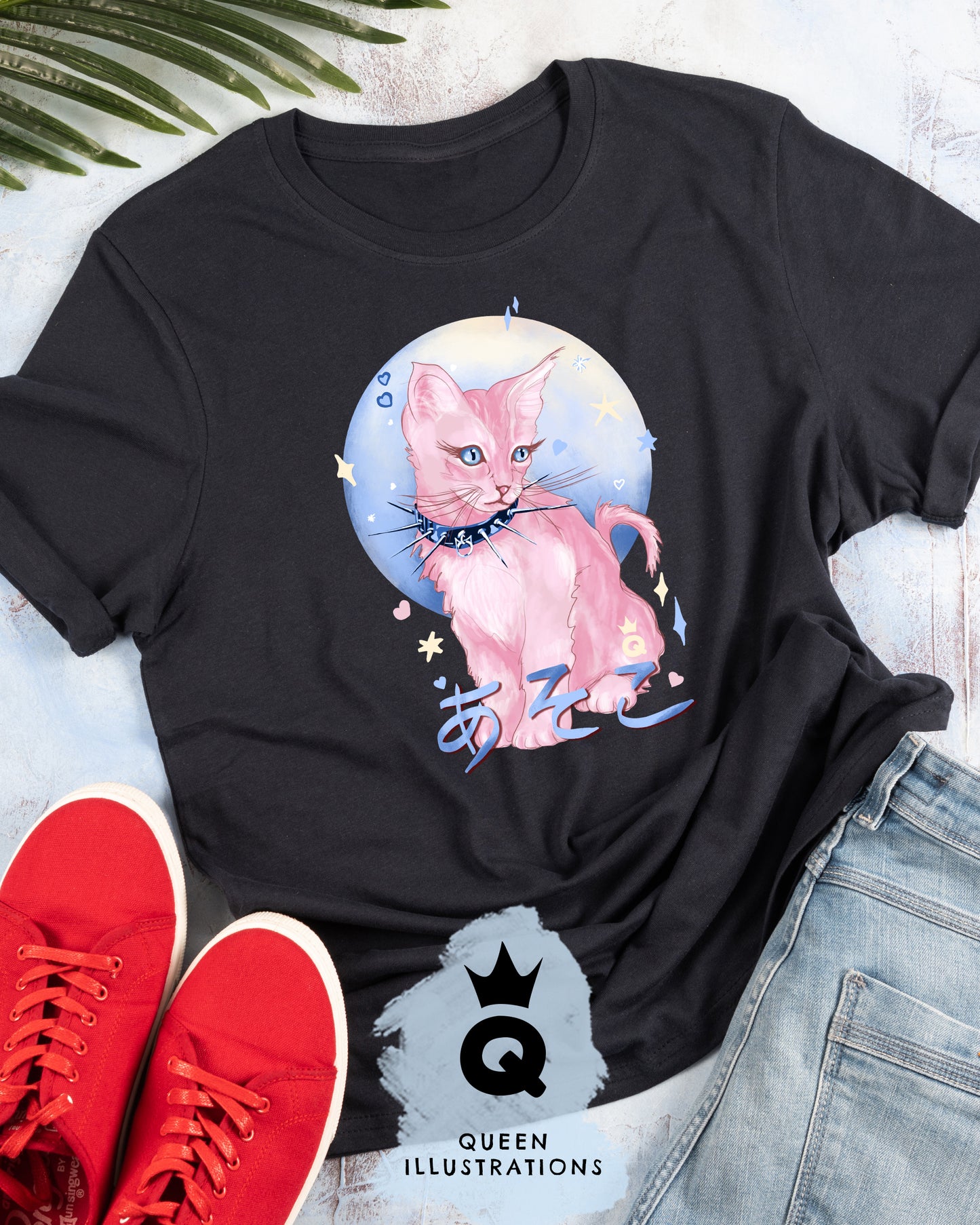 PUSSY in Japanese, gay kawaii T-shirt in midnight blue, cute kitten, perfect for pride or as gift, gay T-shirt