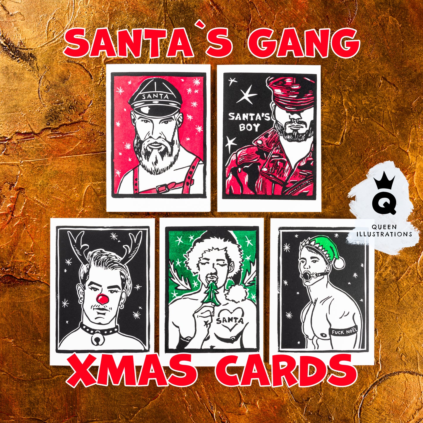 "Santa's Gang" Hand Made, traditional linocut printed Gay Christmas Greeting Cards