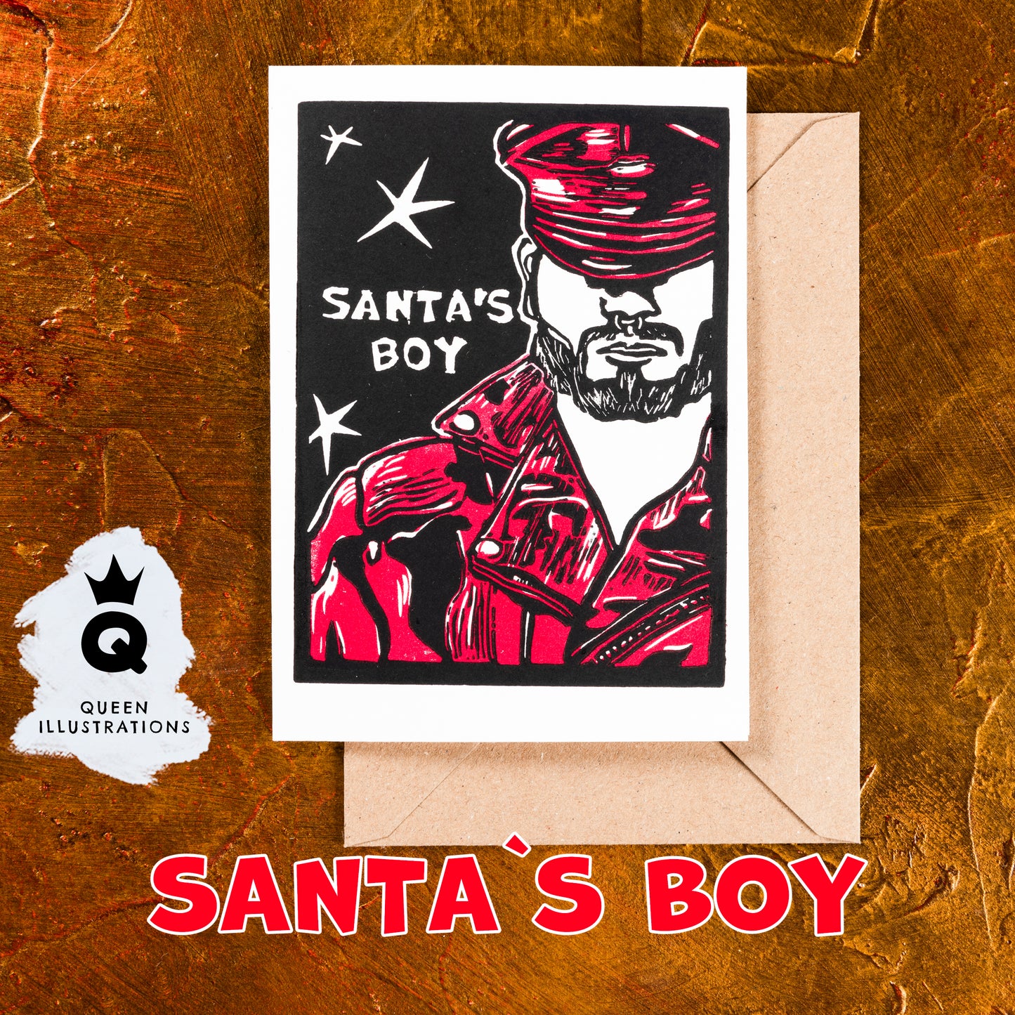 "Santa's Gang" Hand Made, traditional linocut printed Gay Christmas Greeting Cards