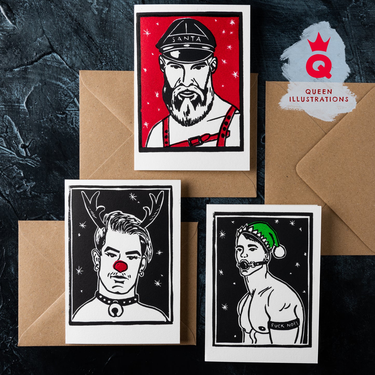 Gay Christmas cards, traditional hand made linocut printed cards, fun and funny, rude cards for gay Christmas, alternative Christmas cards, fun gift ideas