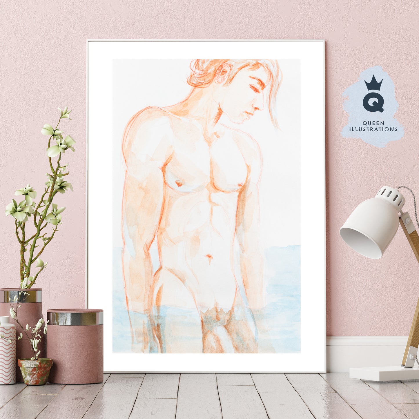 gay art, nude male body, watercolour painting, gay gift ideas,