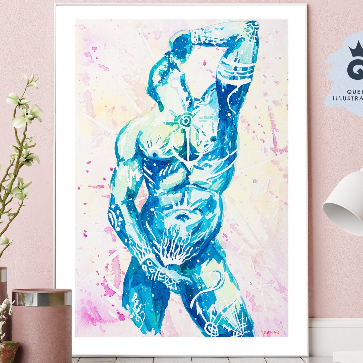 gay art, nude male body, watercolour painting, gay gift ideas,