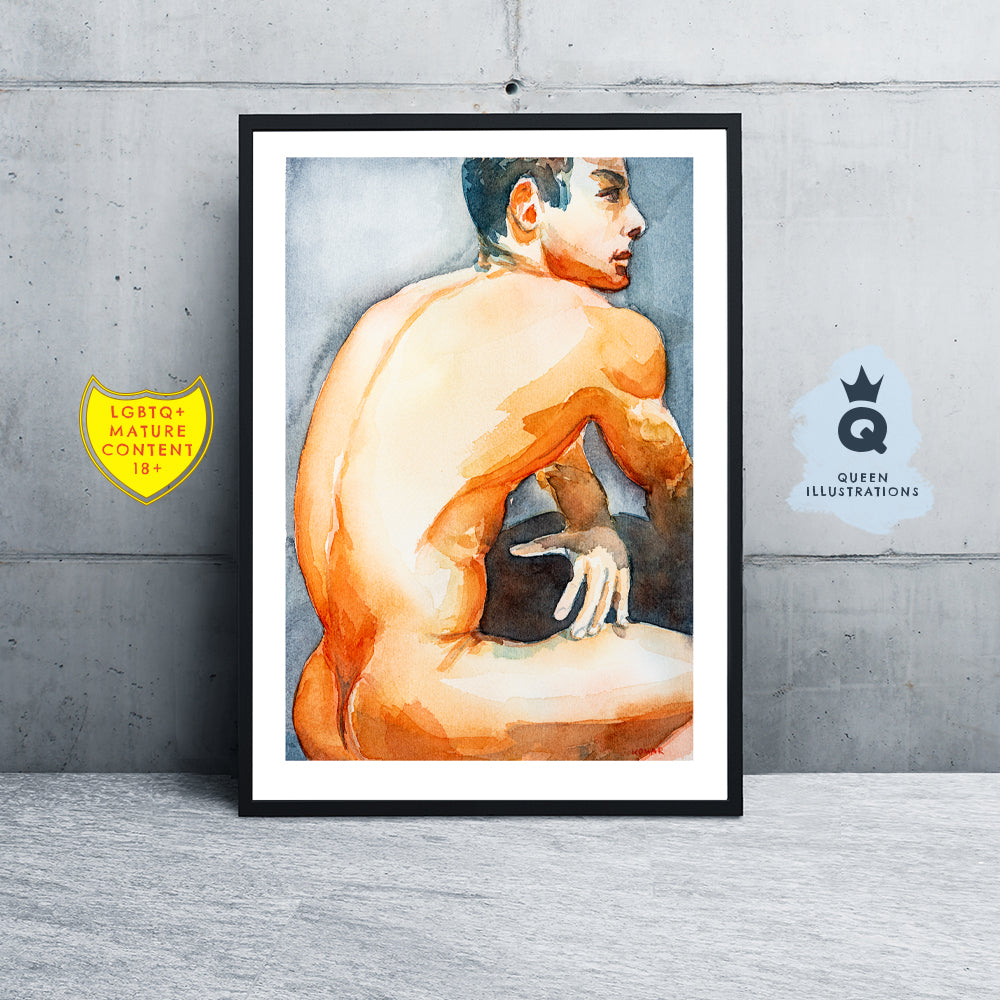 gay art, nude male body, watercolour painting, gay gift ideas,