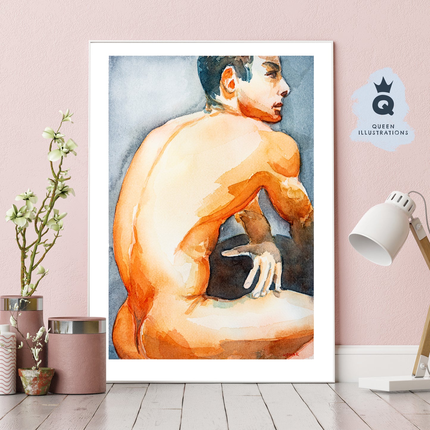 gay art, nude male body, watercolour painting, gay gift ideas,