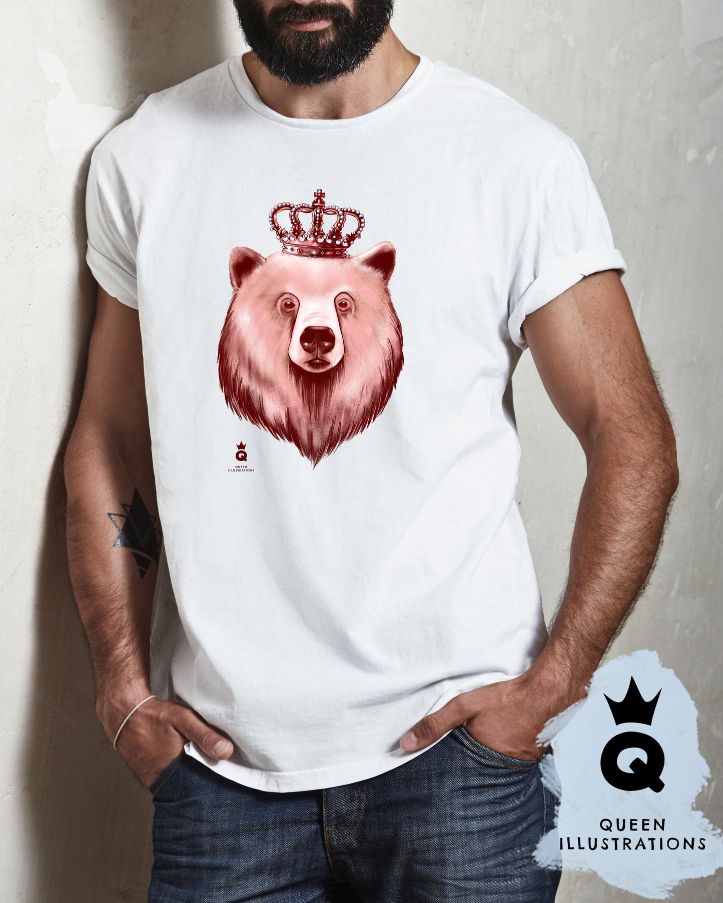 bear king wearing a crown, gay bear, pride outfit, gay T-shirt