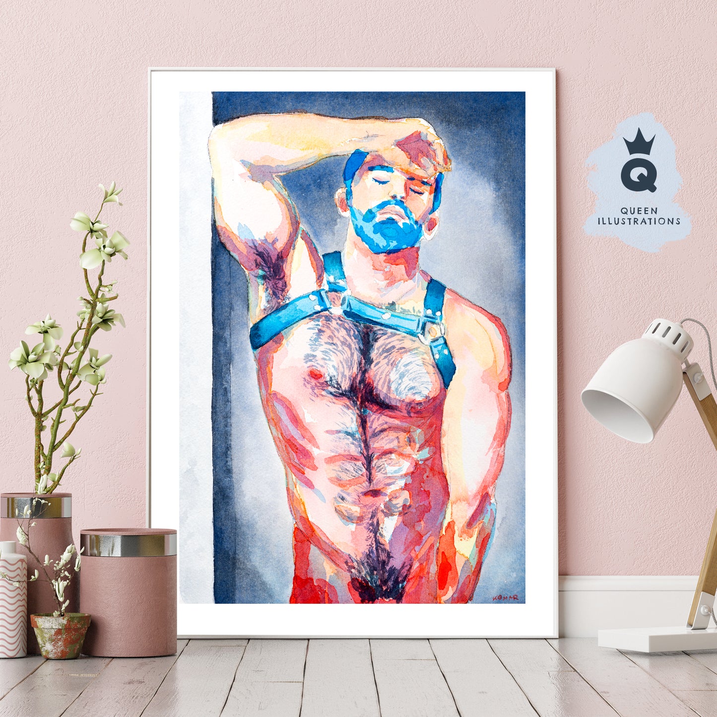 gay art, nude male body wearing harness, watercolour painting, gay gift ideas,