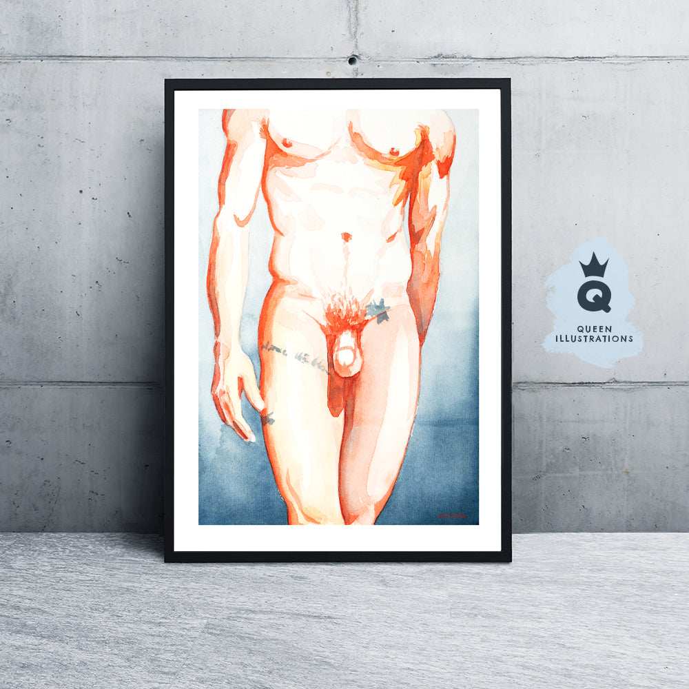 gay art, nude male body, watercolour painting, gay gift ideas,