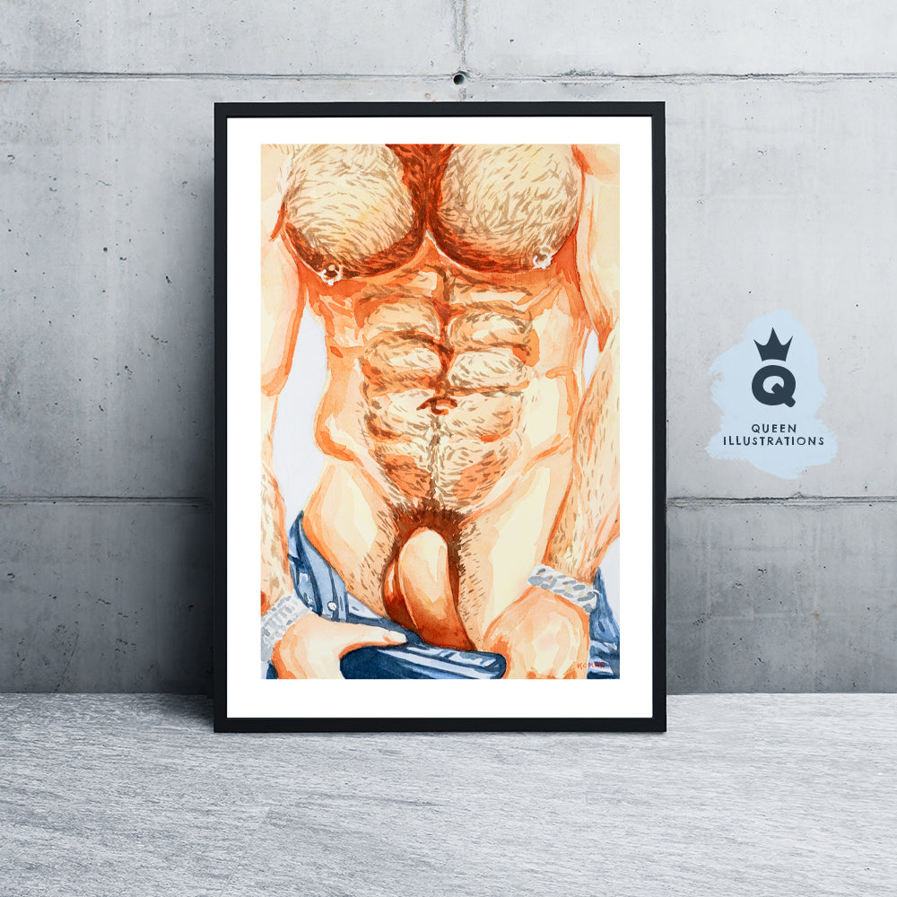 naked hairy man, gay art, nude male body, watercolour painting, gay gift ideas,