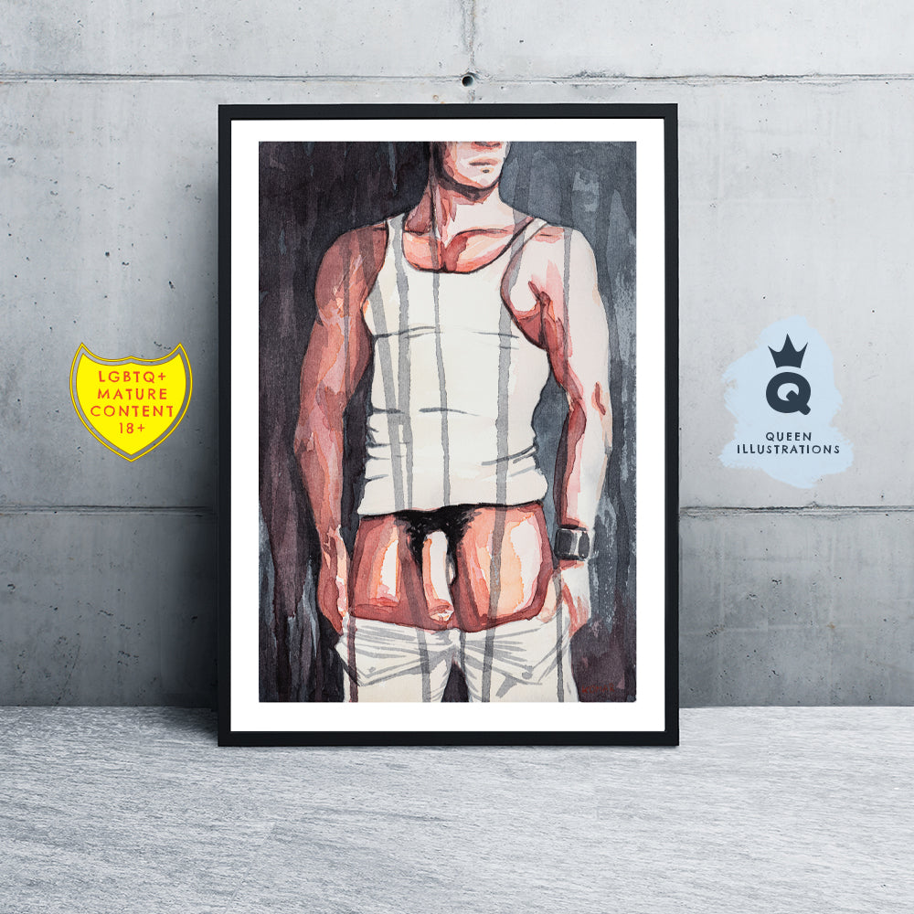 gay art, nude male body, watercolour painting, gay gift ideas, sexy man with his cock out, huge dick, homoerotic art