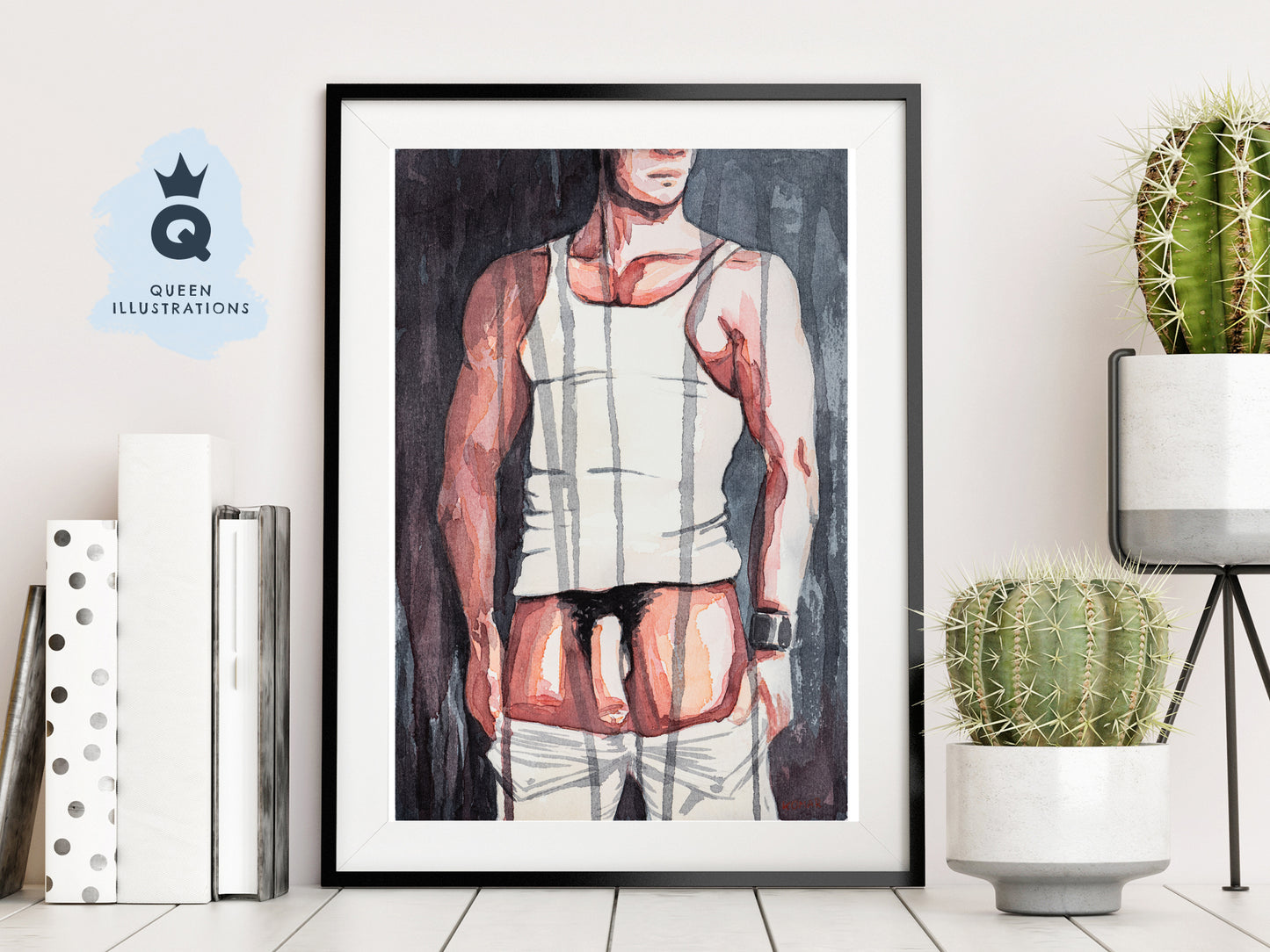 gay art, nude male body, watercolour painting, gay gift ideas, sexy man with his cock out, huge dick, homoerotic art