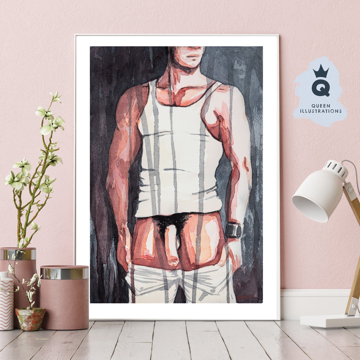 gay art, nude male body, watercolour painting, gay gift ideas, sexy man with his cock out, huge dick, homoerotic art