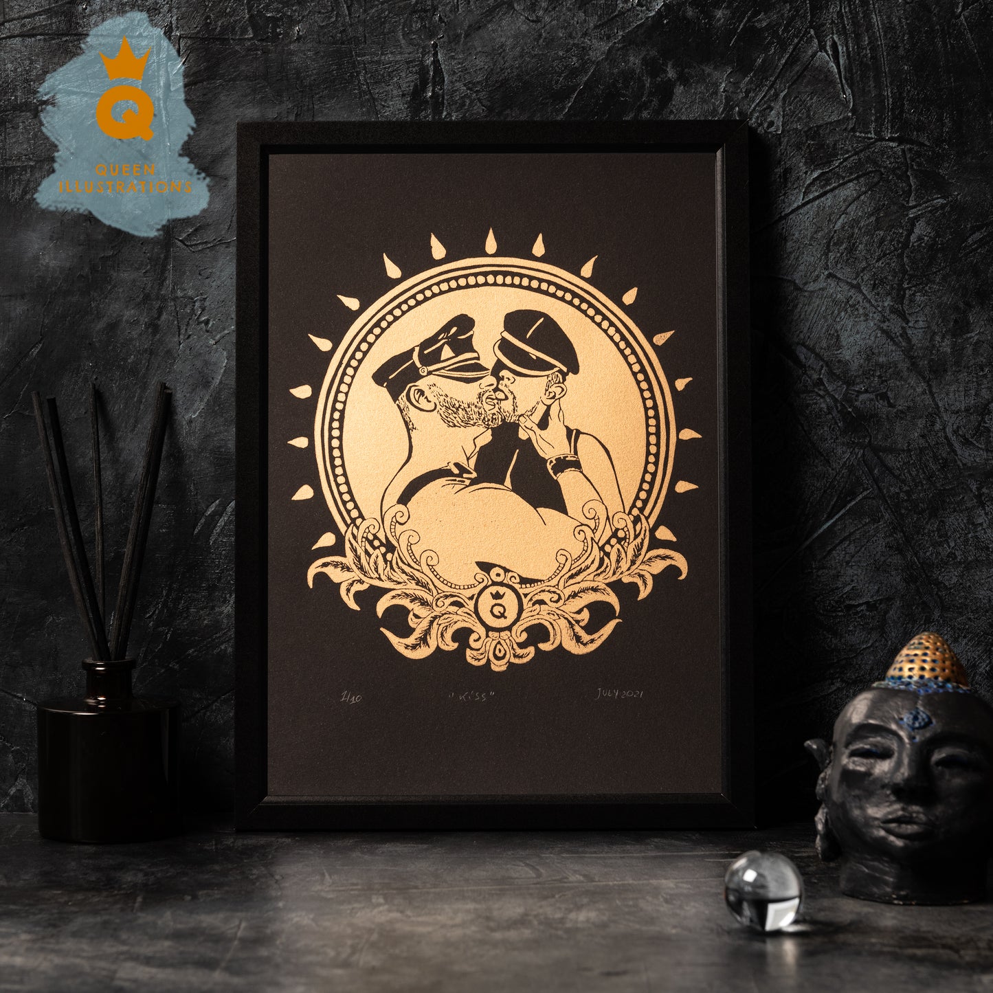 gay guys kissing. leather daddy, gay art, nude male body, traditional linocut print, gay gift ideas, kinky leather, kissing guys, homoerotic art print