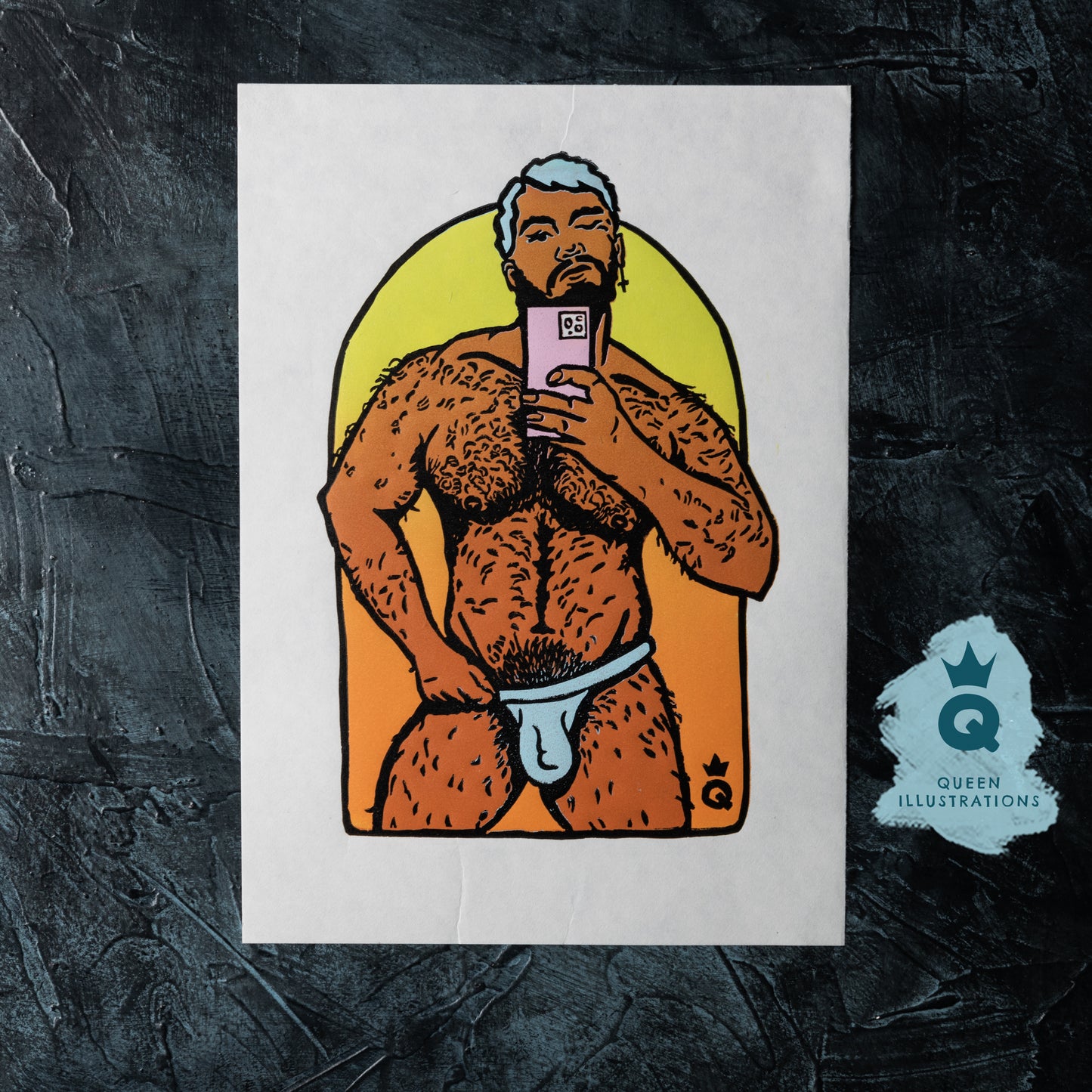 gay art, nude male body, traditional linocut print, gay gift ideas, naked selfie