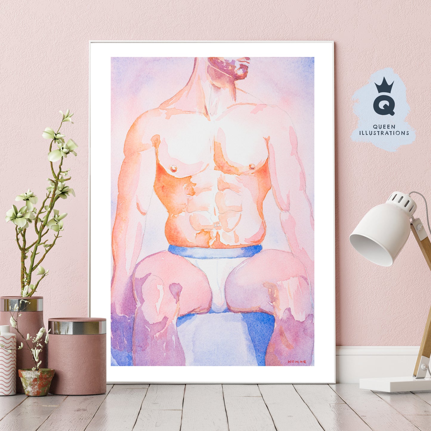 gay art, nude male body, watercolour painting, gay gift ideas,