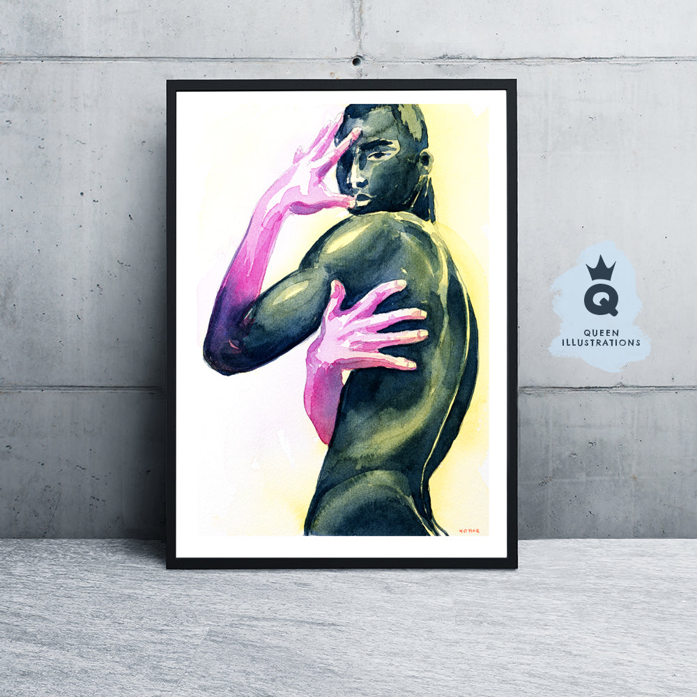 gay art, nude male body, watercolour painting, gay gift ideas,