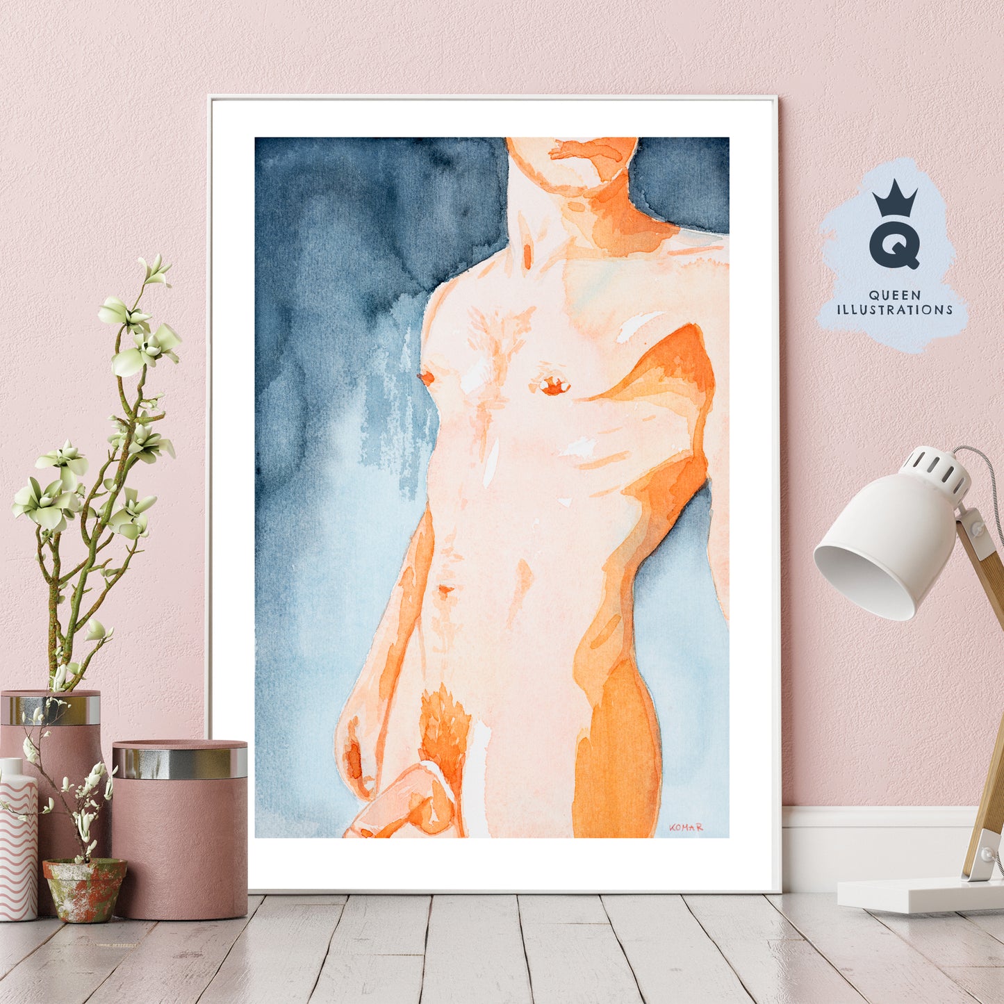 gay art, nude male body, watercolour painting, gay gift ideas,