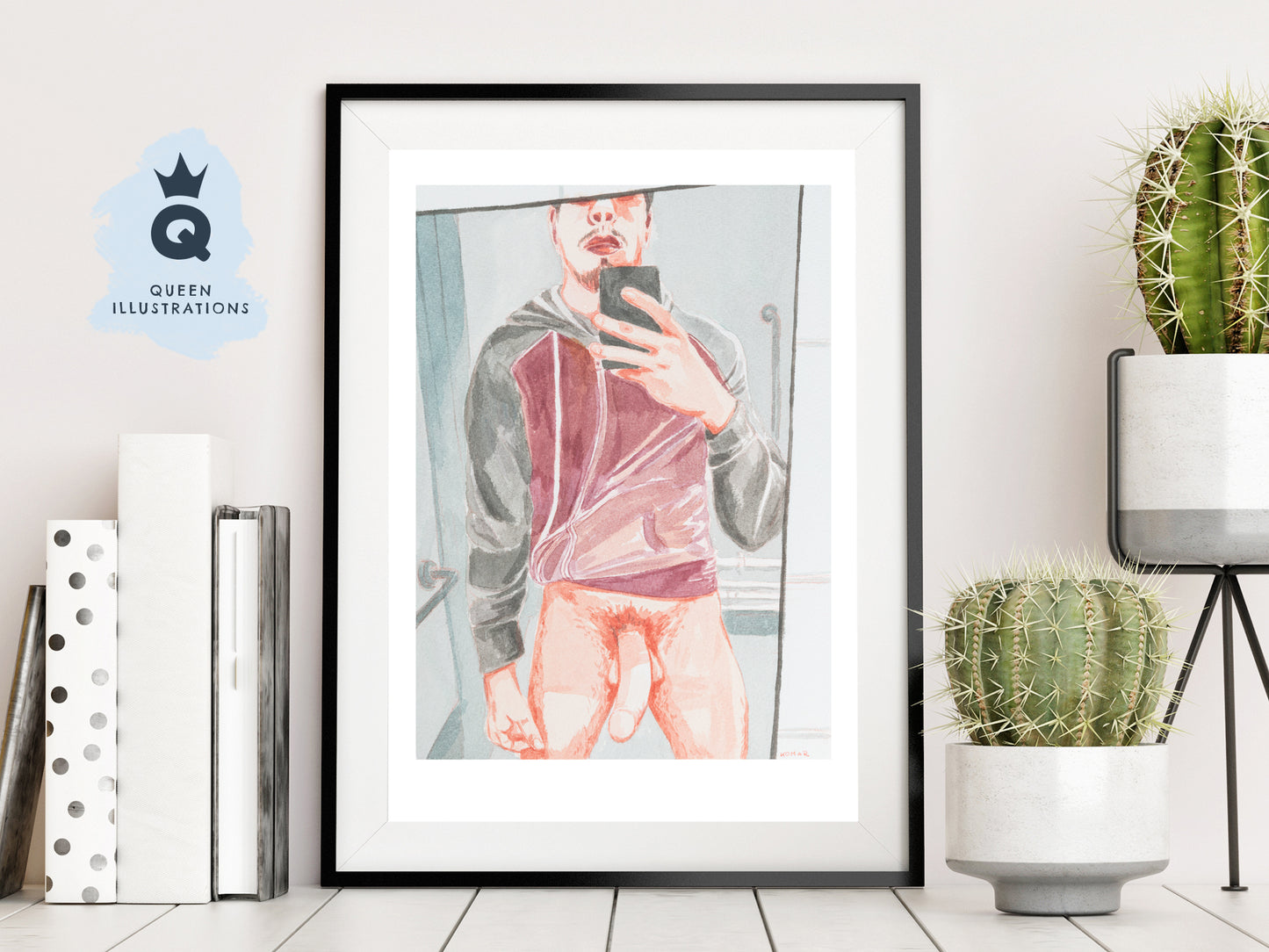 gay art, nude male body, watercolour painting, gay gift ideas, selfie in the mirror, big hard cock